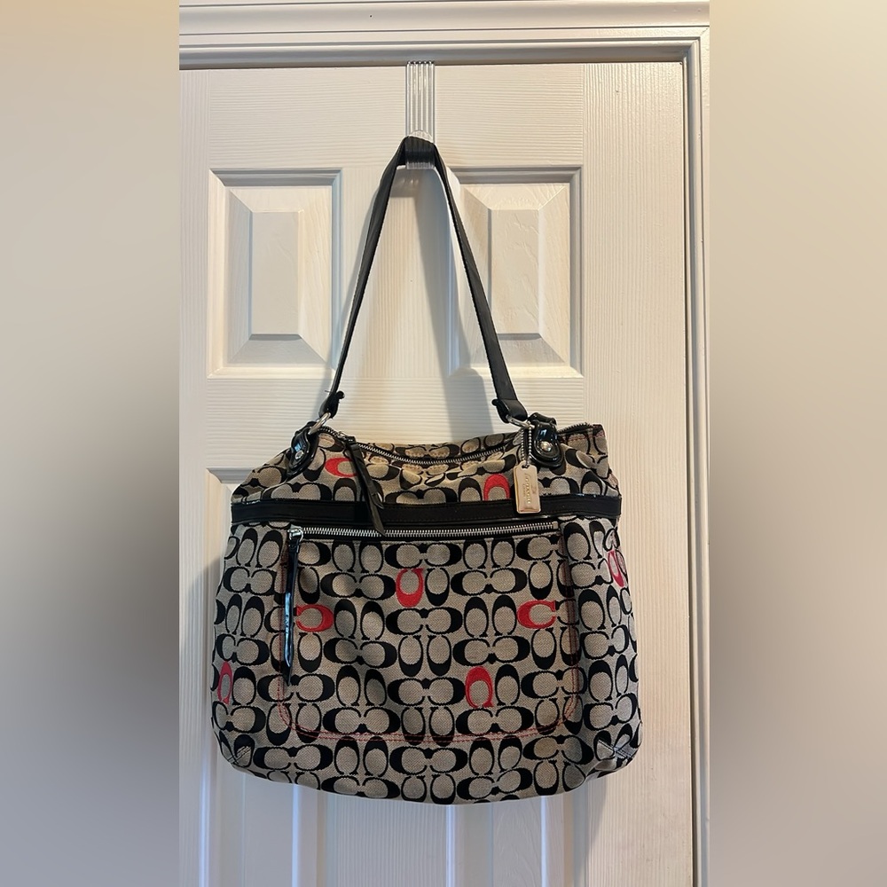 Coach Poppy Black and Red Signature Shoulder Bag